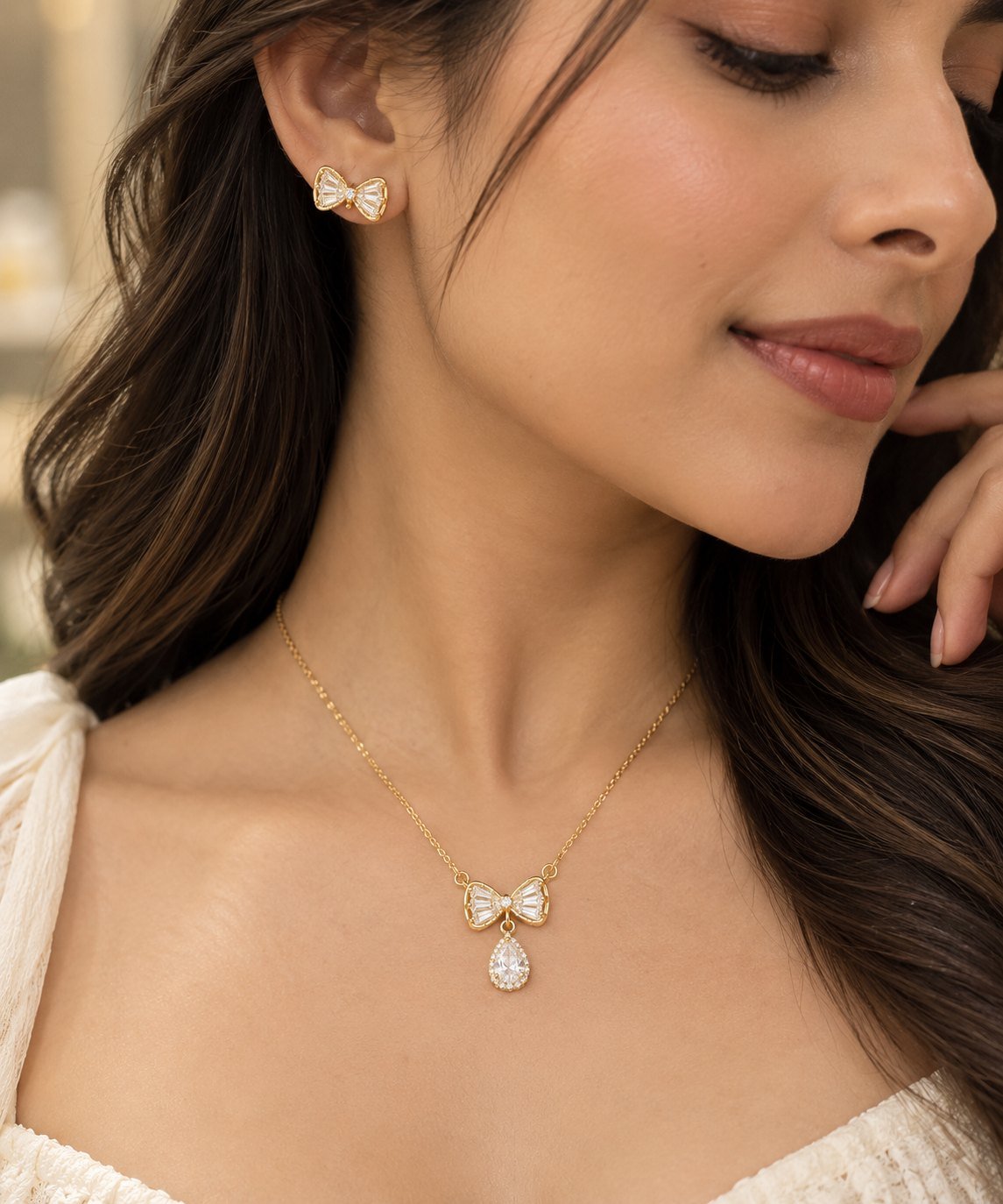 Silver Gold Plated Bow Pendent Set