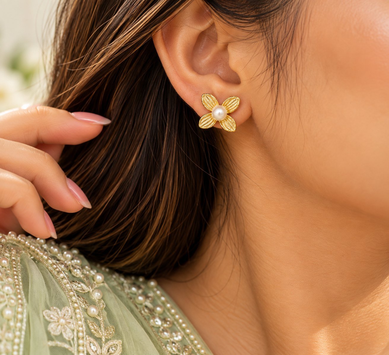 Gold Plated Silver Pearl Flower Stud Earrings
